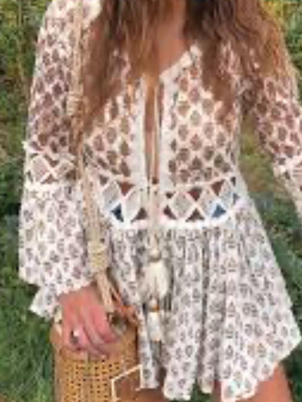 Barok Boho Cream Floral Lace-Trim Mini Dress tassel bell sleeves M/L